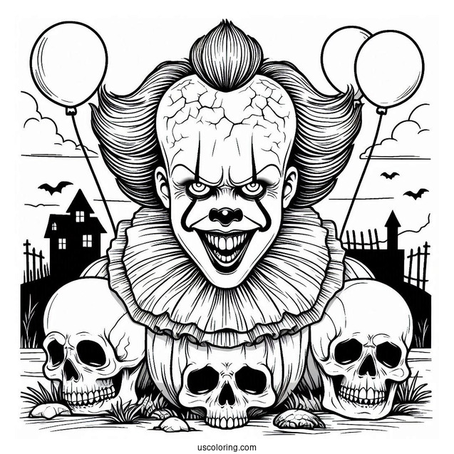 Laughing Pennywise With Skulls In Front Of A Haunted House