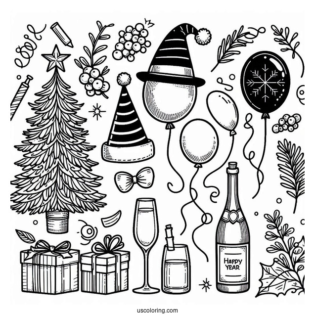 New Year Coloring Page Of Essentials With Party Hats, Christmas Tree, Wine Glasses, And Balloons