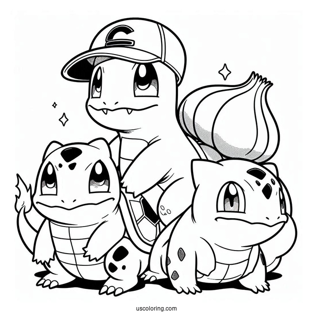 Bulbasaur Coloring Page Playing With Charmander And Squirtle