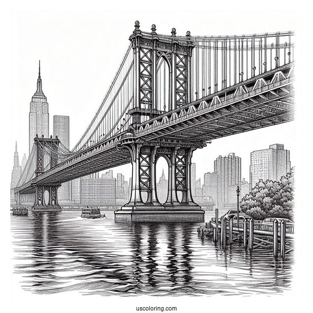 Realistic Manhattan Bridge In New York Coloring Page