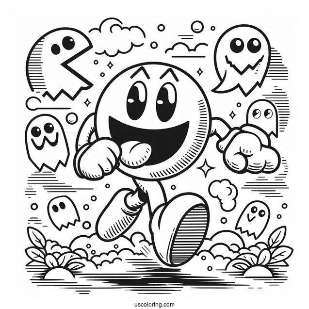 Detailed Pac-Man Coloring Page Running With Ghost Icons In Background Poster