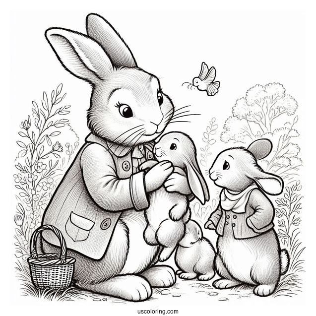Josephine Rabbit Caring For Flopsy, Mopsy, Cotton Tail, And Peter Rabbit Coloring Page