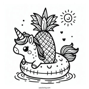 Summer Coloring Page Of Cheerful Pineapple On A Unicorn Floatie