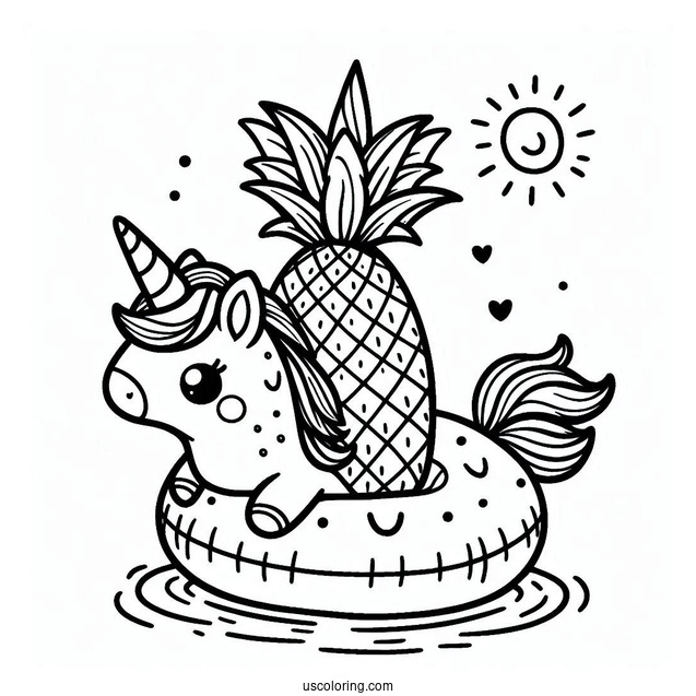 Summer Coloring Page Of Cheerful Pineapple On A Unicorn Floatie