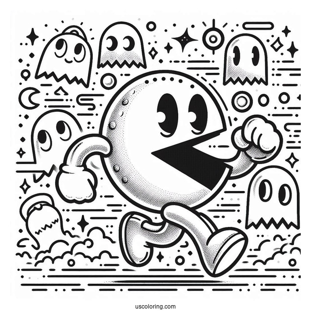Detailed Pac-Man Coloring Page Running With Ghost Icons In Background Poster