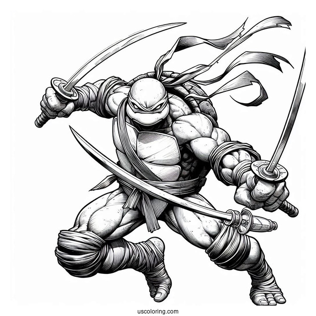 Ninja Turtles Coloring Page Of Adult Raphael Fighting With Twin Sai