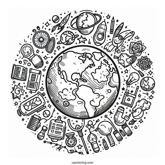 Easy Earth Surrounded By Science Coloring Page And Technology