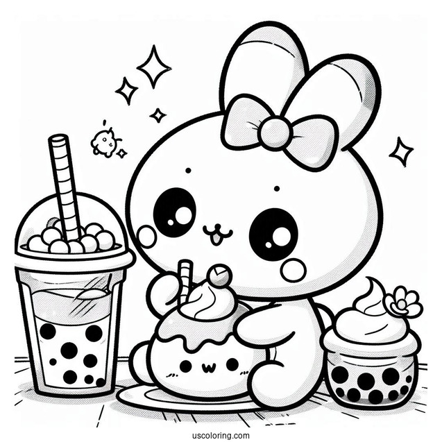 Pochacco Coloring Page Eating Sweets With Choppy On Top Of Boba Tea