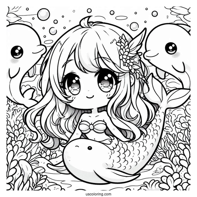 Magical Chibi Coloring Page Mermaid Swimming with Dolphins Under the Sea