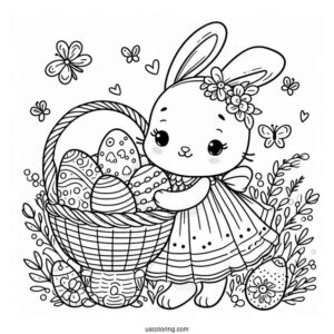 Beautiful Easter Coloring Page Of Bunny In A Dress With A Basket Full Of Eggs