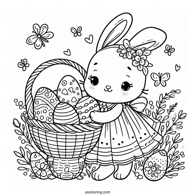 Beautiful Easter Coloring Page Of Bunny In A Dress With A Basket Full Of Eggs