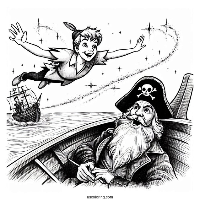 Peter Pan Flying Over Scared Captain Hook Coloring In