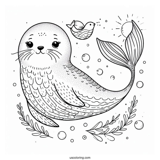 Seal Coloring Page Swimming With A Mermaid