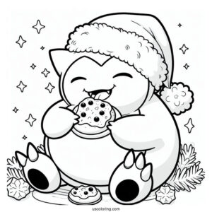 Pokemon Christmas Coloring Page Happy Snorlax Eating Christmas Cookies