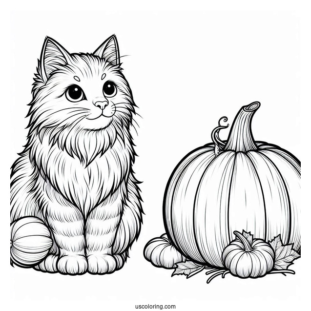 Furry Cat Sitting Next To Pumpkins Coloring Page