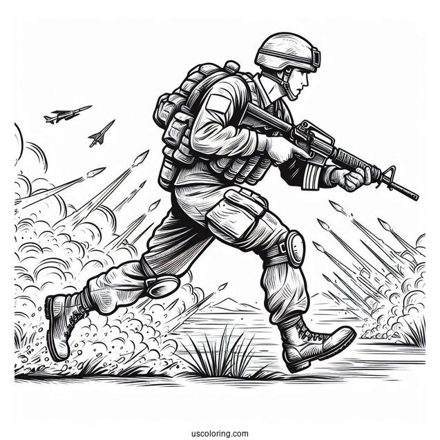 Soldier Coloring Page Running In The Middle Of A Crossfire