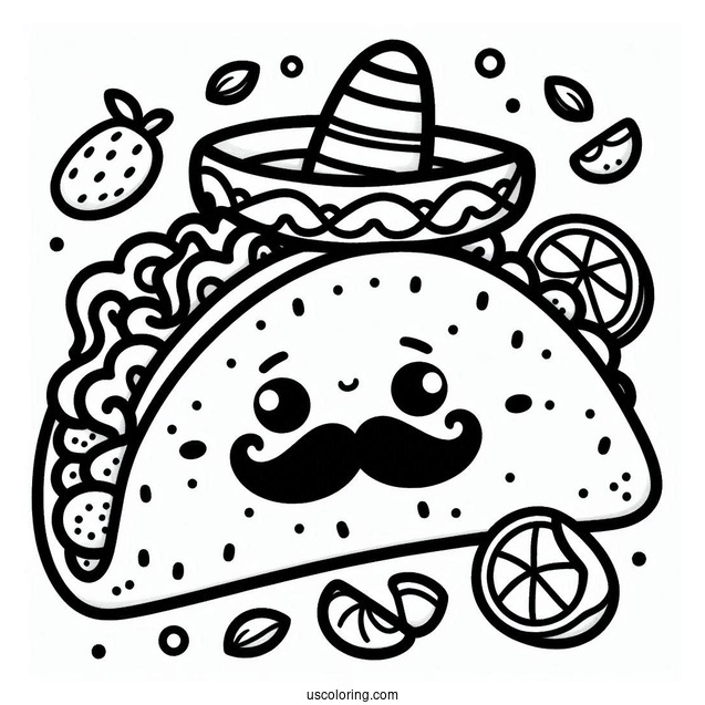 Kawaii Mexican Taco Coloring Page With Mustache