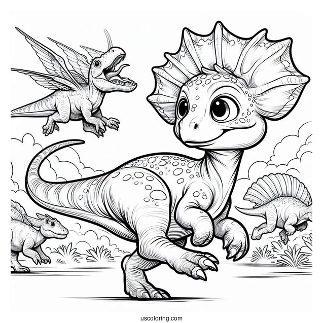 Young Parasaurolophus Coloring Page Running With Other Dinosaurs