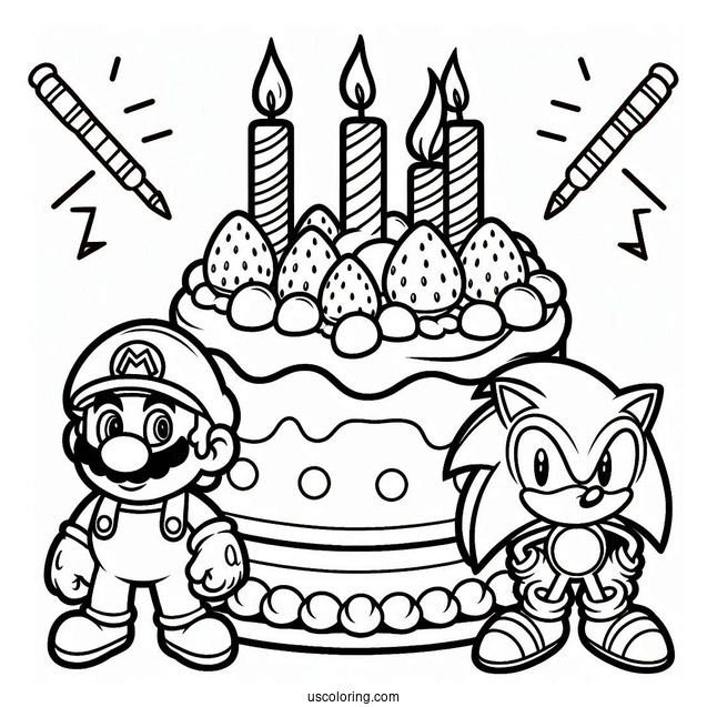 Mario And Sonic Birthday Cake Coloring In For Kids
