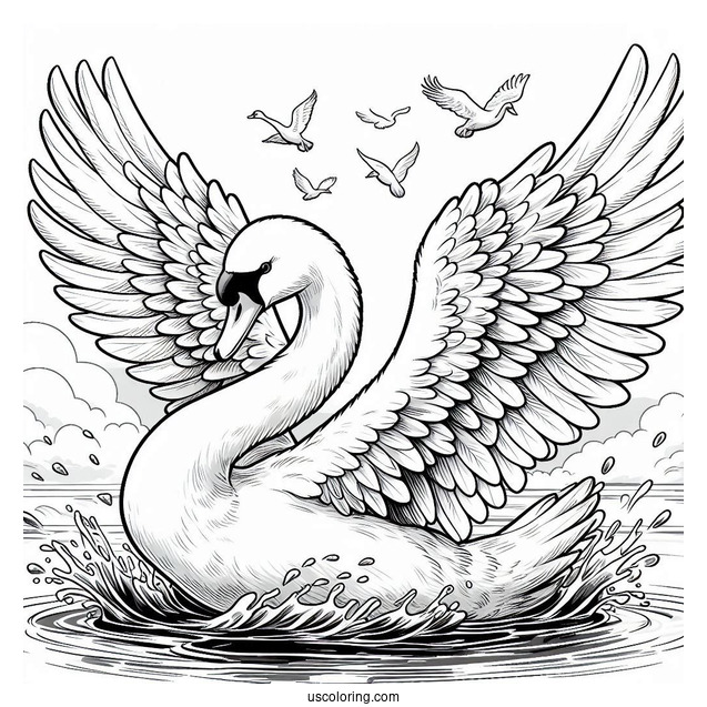 Realistic Adult Swan Coloring Page Slapping Wings In Pond