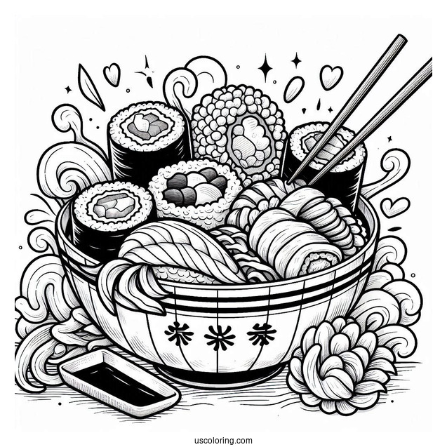 Sushi Coloring Pages Nigiri, Maki, Uramaki, Inaru, And Temari Sushi Bursting From A Ramen