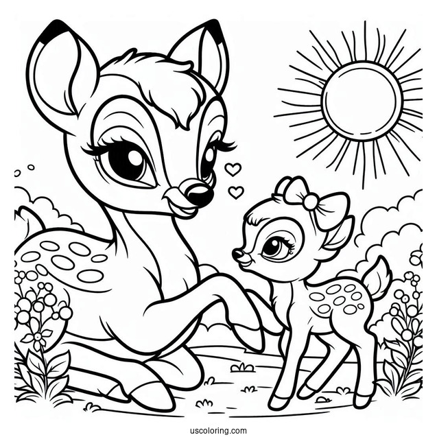 Simple Coloring Sheet Of Bambi And Mother Under The Sun