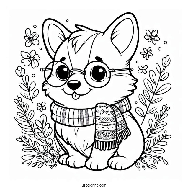 Cute Corgi Coloring Page With Scarf And Eyeglasses For Preschoolers