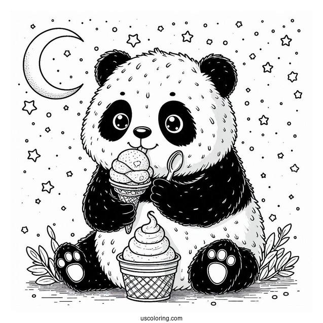 Furry Panda Coloring Page Eating Ice Cream In The Night Sky For Kids
