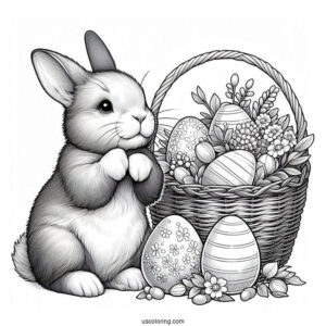 Easter Coloring Page Of Realistic Bunny Next To Basket Of Easter Eggs