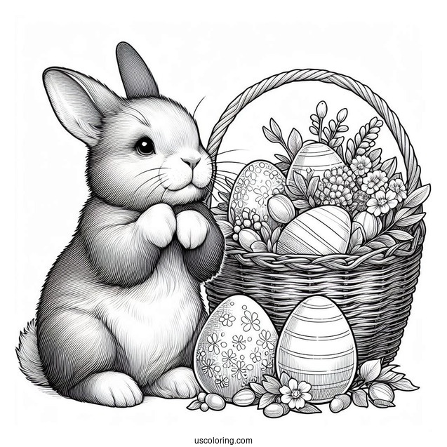 Easter Coloring Page Of Realistic Bunny Next To Basket Of Easter Eggs