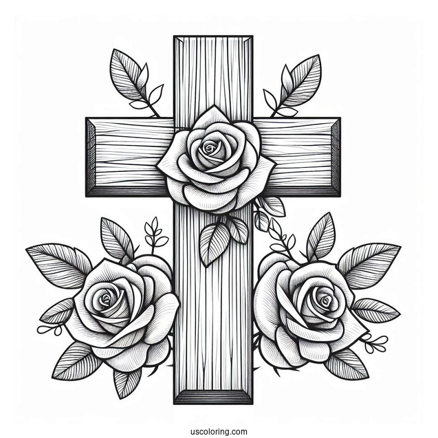 Wooden Cross With Roses To Color