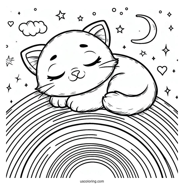 Kitten Sleeping On Top Of A Rainbow Coloring Page For Kids