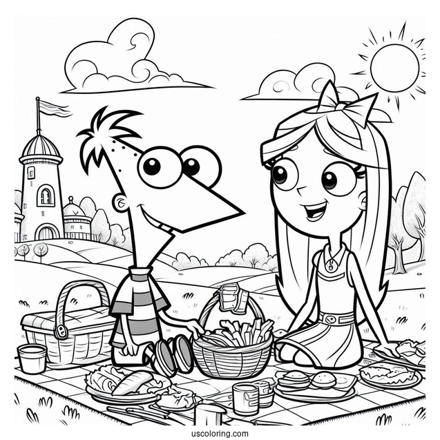 Phineas And Ferb Coloring Page And Candace On A Picnic For Kids