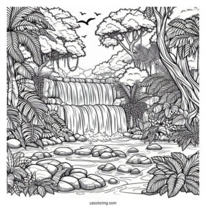 Detailed Jungle Coloring Page Of Waterfall