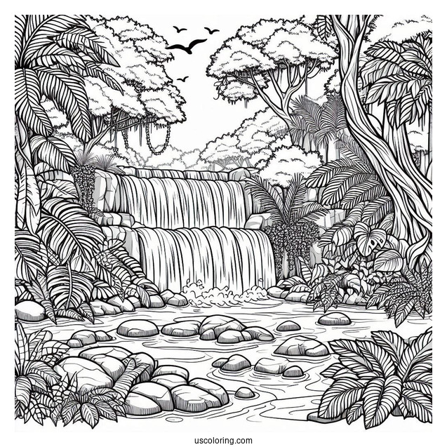 Detailed Jungle Coloring Page Of Waterfall