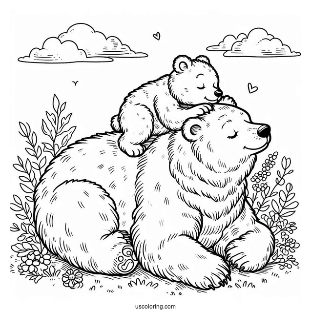 Bear Coloring Page Of Cub Lying On Top Of Mama Bear
