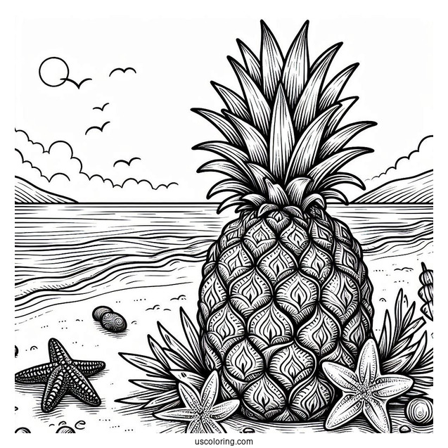 Detailed Pineapple On Beach Coloring Page