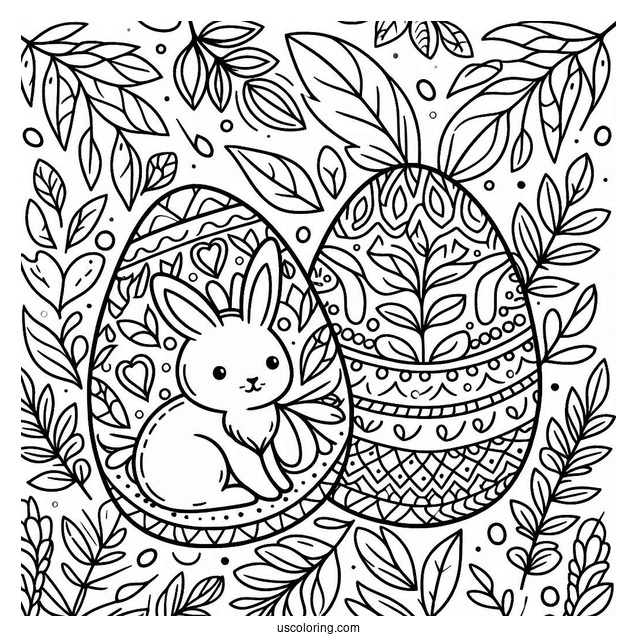 Bunny And Leaves Pattern Easter Egg Coloring Page