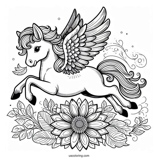 Baby Pegasus Coloring Page Leaping Over Flower Mandala