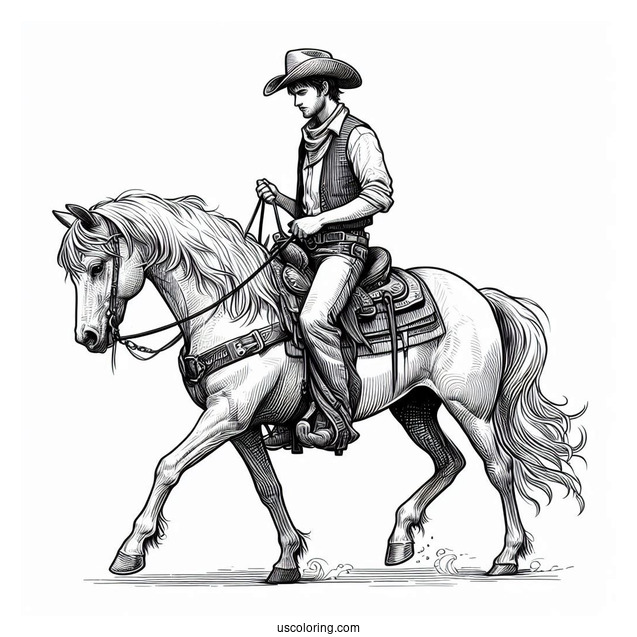 Realistic Cowboy Coloring Page On A Horse