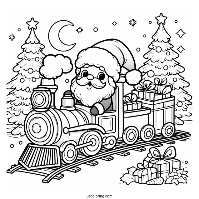 Coloring Page Of a Christmas Train With Santa