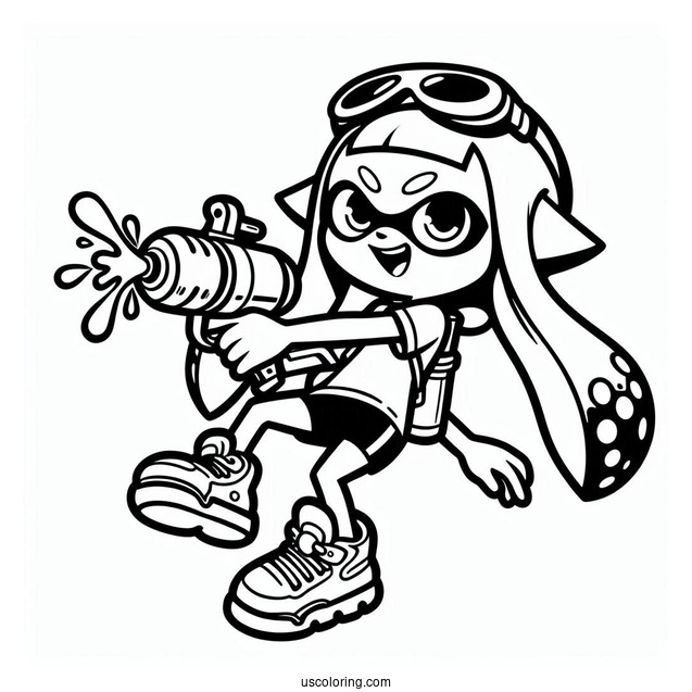 Splatoon Coloring Page Of Happy Pink Inkling Girl Shooting Inkjet