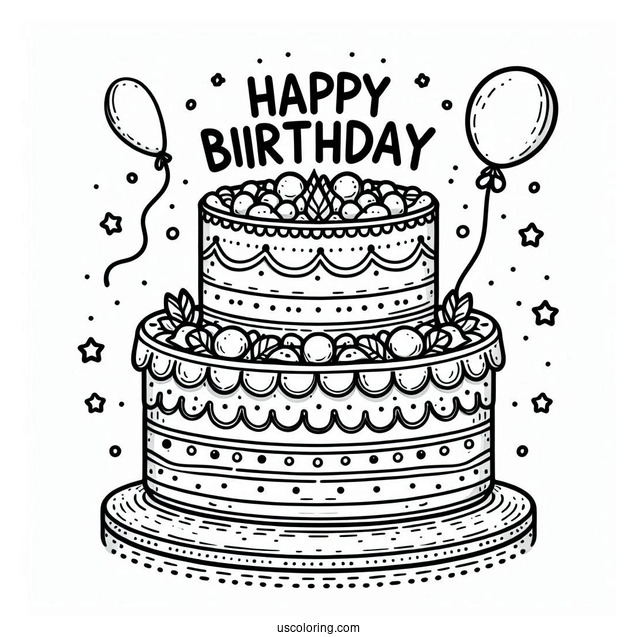 Cake With Happy Birthday Topper Coloring Sheet