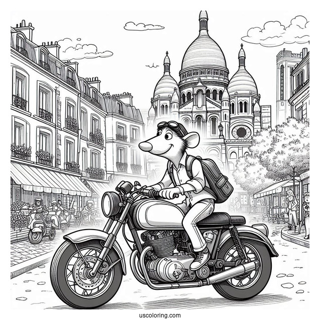 Colette, Alfredo, And Ratatouille Coloring Page Riding A Motorcycle In Paris
