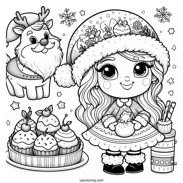 Mrs Claus With Baked Cookes And Rudolph To Color
