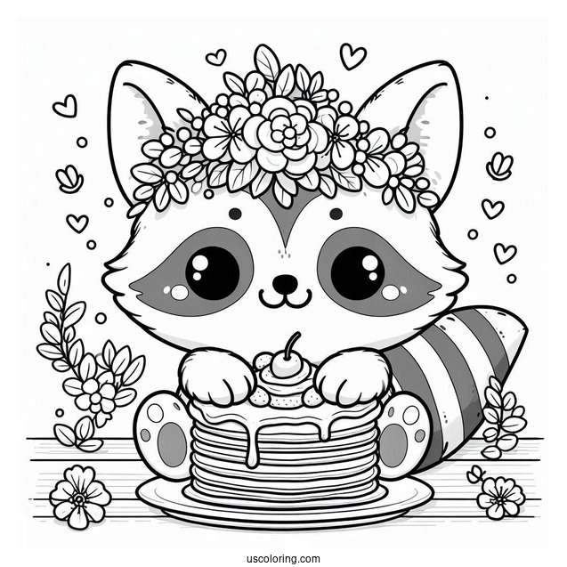 Kawaii Raccoon Coloring Page With Flower Crown And Pancake For Kids