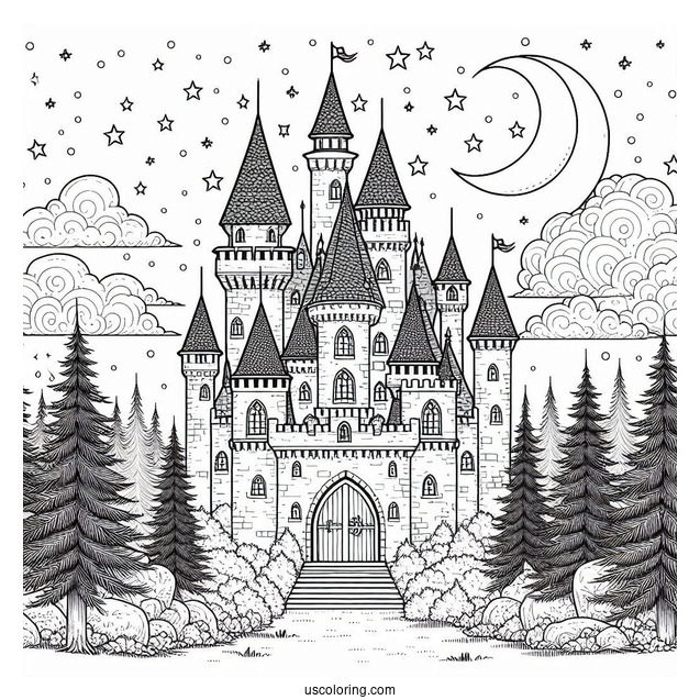 Magical Castle Coloring Page In The Forest With Starry Sky
