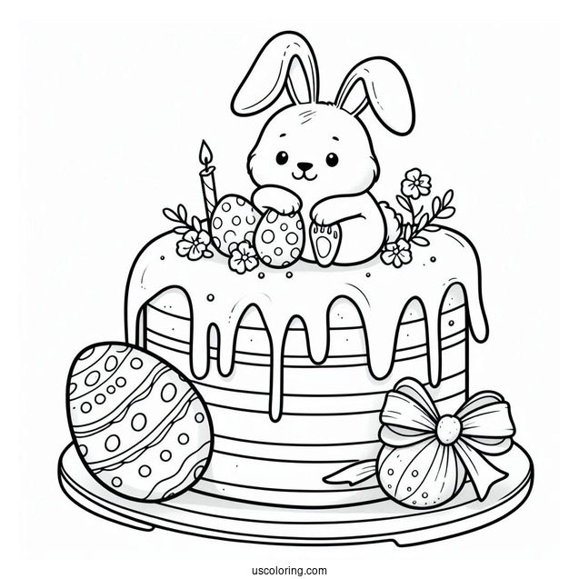 Coloring Page Of Easter Cake With Bunny And Egg Topper