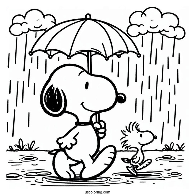 Snoopy And Woodstock Walking Under The Rain Coloring Page