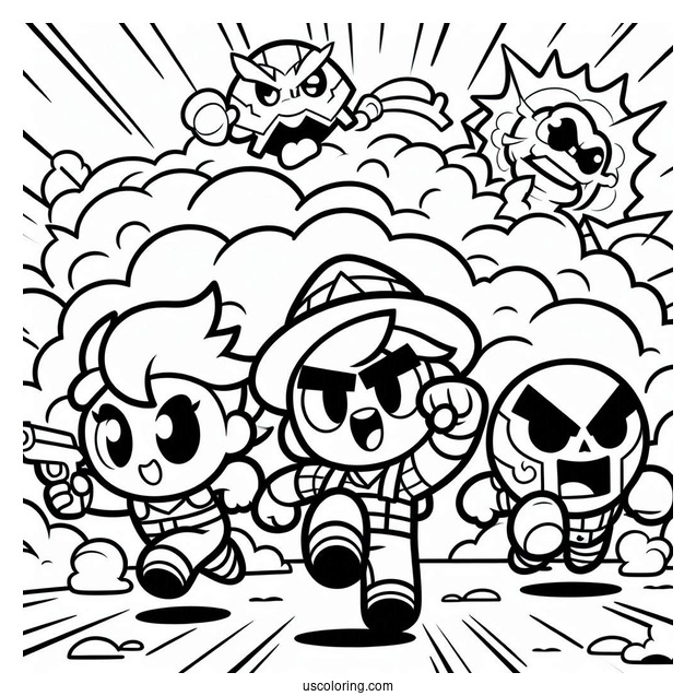 Brawl Stars Coloring Page Of Shelly, Colt, And Poco Running Away From Explosion